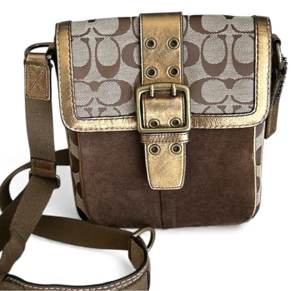 Coach Handbags - Coach Legacy Suede Signature Canvas Bronze Brown Buckle Flap Crossbody Bag 7x8x1